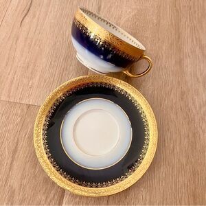 Antique JEAN POUYAT Limoges Teacup Flat‎ Cup & Saucer, Cobalt Blue & Gold Leaf